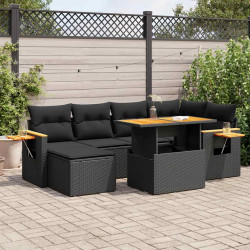 7 Pcs conjunto sofás jardim c/ almofadões vime PE/acácia preto