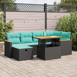 7 Pcs conj. sofás jardim c/ almofadões vime PE/acácia castanho