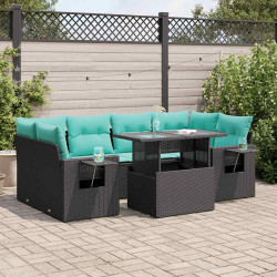 7 Pcs conj. sofás jardim c/ almofadões vime PE/acácia preto
