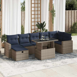 8 Pcs conj. sofás jardim c/ almofadões vime PE/acácia cinzento