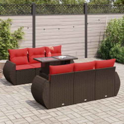 7 Pcs conj. sofás jardim c/ almofadões vime PE/acácia castanho