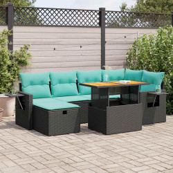 7 Pcs conj. sofás jardim c/ almofadões vime PE/acácia castanho