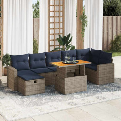 8 Pcs conj. sofás jardim c/ almofadões vime PE/acácia castanho
