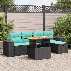 6 Pcs conj. sofás jardim c/ almofadões vime PE/acácia castanho