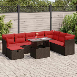 9 Pcs conj. sofás jardim c/ almofadões vime PE/acácia castanho