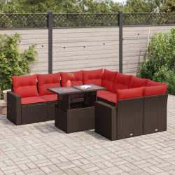 9 Pcs conj. sofás jardim c/ almofadões vime PE/acácia castanho