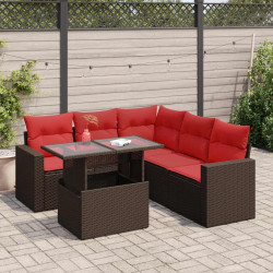6 Pcs conj. sofás jardim c/ almofadões vime PE/acácia castanho
