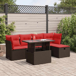 6 Pcs conj. sofás jardim c/ almofadões vime PE/acácia castanho