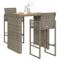 3 Pcs conj. bar jardim sem almofadões vime PE/acácia cinzento