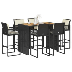 7 Pcs conjunto de bar jardim c/ almofadões vime PE/acácia preto