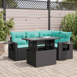 5 Pcs conj. sofás jardim c/ almofadões vime PE/acácia preto