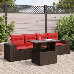 5 Pcs conj. sofás jardim c/ almofadões vime PE/acácia castanho