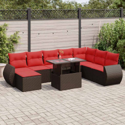 9 Pcs conj. sofás jardim c/ almofadões vime PE/acácia castanho