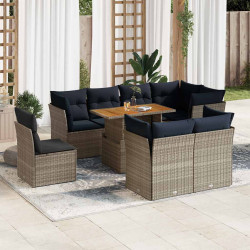 9 Pcs conjunto sofás p/ jardim com almofadões vime PE cinzento