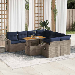 9 Pcs conjunto sofás p/ jardim com almofadões vime PE cinzento