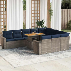 11 Pcs conjunto sofás de jardim c/ almofadões vime PE cinzento