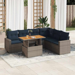 7 Pcs conjunto sofás p/ jardim c/ almofadões vime PE cinzento