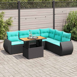 7 Pcs conjunto de sofás p/ jardim c/ almofadões vime PE preto
