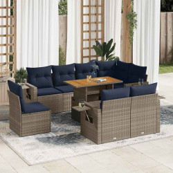 9 Pcs conjunto sofás p/ jardim com almofadões vime PE cinzento