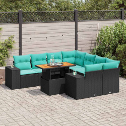 9 Pcs conjunto de sofás p/ jardim c/ almofadões vime PE preto