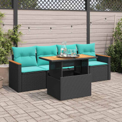 5 Pcs conjunto sofás de jardim com almofadões vime PE preto