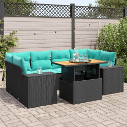 7 Pcs conjunto de sofás p/ jardim c/ almofadões vime PE preto
