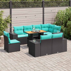 9 Pcs conjunto de sofás p/ jardim c/ almofadões vime PE preto