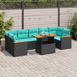 8 Pcs conjunto sofás de jardim com almofadões vime PE preto