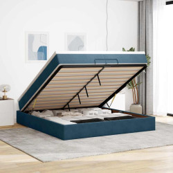 Estrutura de cama otomana com colchão azul escuro veludo