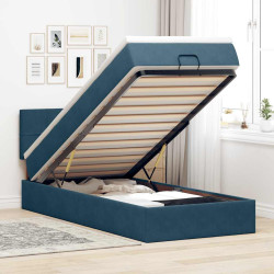 Estrutura cama otomana com colchão azul escuro 90x190cm veludo