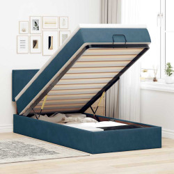 Estrutura de cama otomana com colchão azul escuro veludo