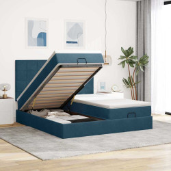 Estrutura de cama otomana com colchão azul escuro veludo