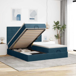 Estrutura de cama otomana com colchão azul escuro veludo