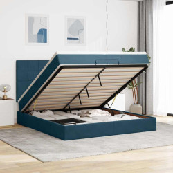 Estrutura de cama otomana com colchão azul escuro veludo