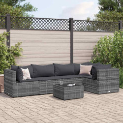 6 Pcs conjunto lounge de jardim c/ almofadões vime PE cinzento