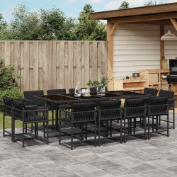 13 Pcs conjunto de jantar p/jardim com almofadões vime PE preto