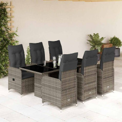 7 Pcs conjunto bistrô de jardim c/ almofadões vime PE cinza