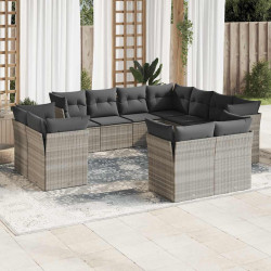 11 Pcs conjunto sofás de jardim c/ almofadões vime PE cinzento