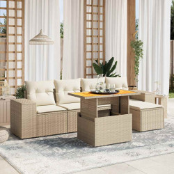 6 Pcs conjunto de sofás p/ jardim com almofadões vime PE bege