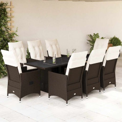 9 Pcs conjunto jantar p/ jardim c/ almofadões vime PE castanho