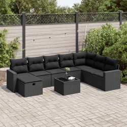9 Pcs conjunto de sofás p/ jardim c/ almofadões vime PE preto