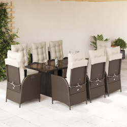 9 Pcs conjunto jantar p/ jardim c/ almofadões vime PE castanho