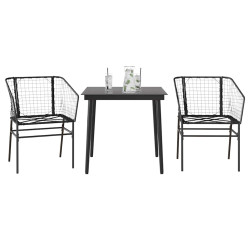 3 Pcs conjunto de jantar para jardim vime PE vidro preto