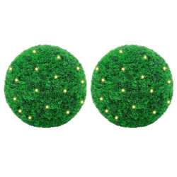 Bolas artificiais de buxo com luzes LED 2 pcs verde 27 cm