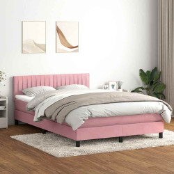 Cama box spring c/ colchão e LED 140x210 cm veludo rosa