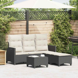 3Pcs conjunto sofás de jardim com almofadões em l vime PE preto
