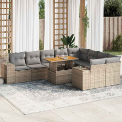 10 Pcs conj. sofás p/ jardim c/ almofadões vime PE/acácia bege