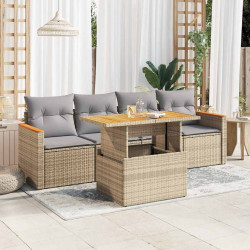 5 Pcs conj. sofás p/ jardim c/ almofadões vime PE/acácia bege