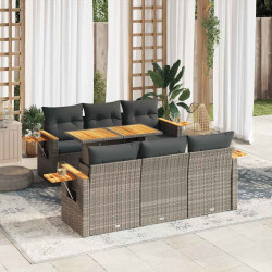 7 Pcs conjunto sofás jardim almofadões vime PE/acácia cinzento