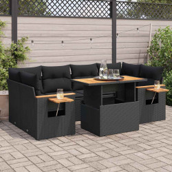 7 Pcs conjunto sofás jardim c/ almofadões vime PE/acácia preto